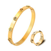 Set de bijuterii de modă Brățară cu manșetă cu deschidere cu litere goale pentru femei, bărbați, culoare aurie, inele pentru bărbați, brățări, cadouri