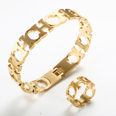 Set de bijuterii de modă Brățară cu manșetă cu deschidere cu litere goale pentru femei, bărbați, culoare aurie, inele pentru bărbați, brățări, cadouri