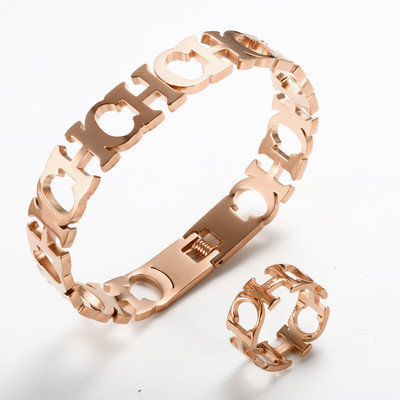 Set de bijuterii de modă Brățară cu manșetă cu deschidere cu litere goale pentru femei, bărbați, culoare aurie, inele pentru bărbați, brățări, cadouri