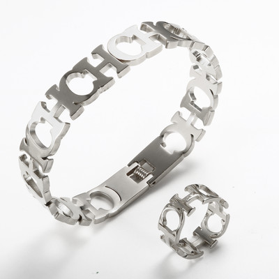 Set de bijuterii de modă Brățară cu manșetă cu deschidere cu litere goale pentru femei, bărbați, culoare aurie, inele pentru bărbați, brățări, cadouri