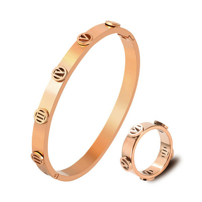 Set de bijuterii de modă Brățară cu manșetă cu deschidere cu litere goale pentru femei, bărbați, culoare aurie, inele pentru bărbați, brățări, cadouri