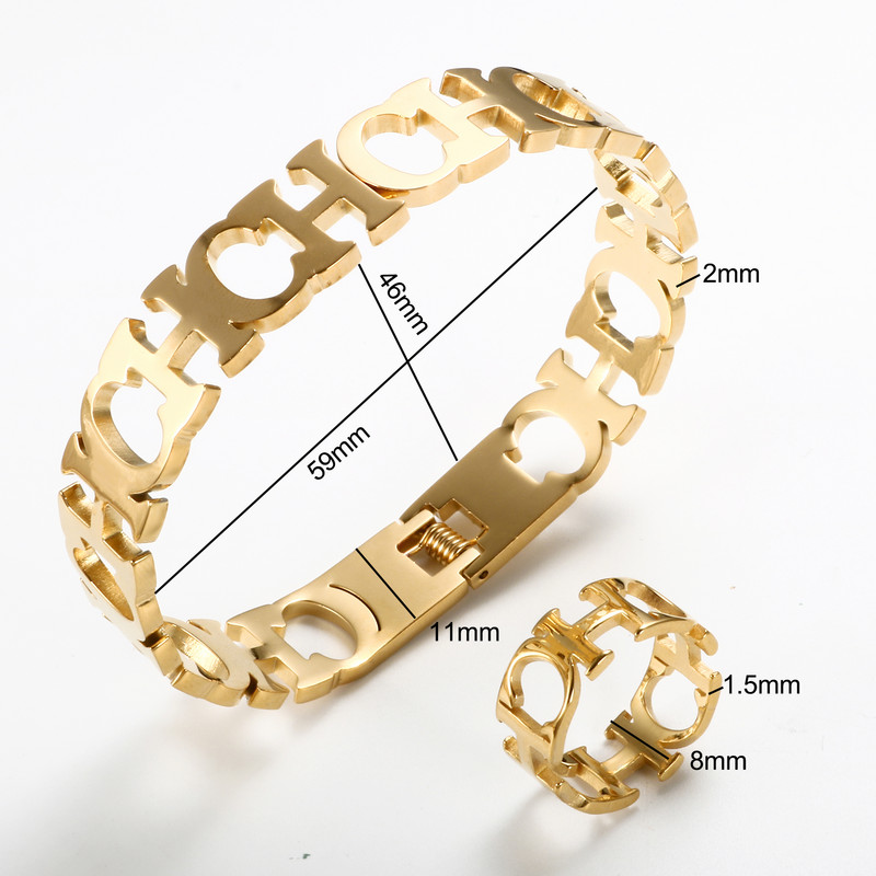 Set de bijuterii de modă Brățară cu manșetă cu deschidere cu litere goale pentru femei, bărbați, culoare aurie, inele pentru bărbați, brățări, cadouri