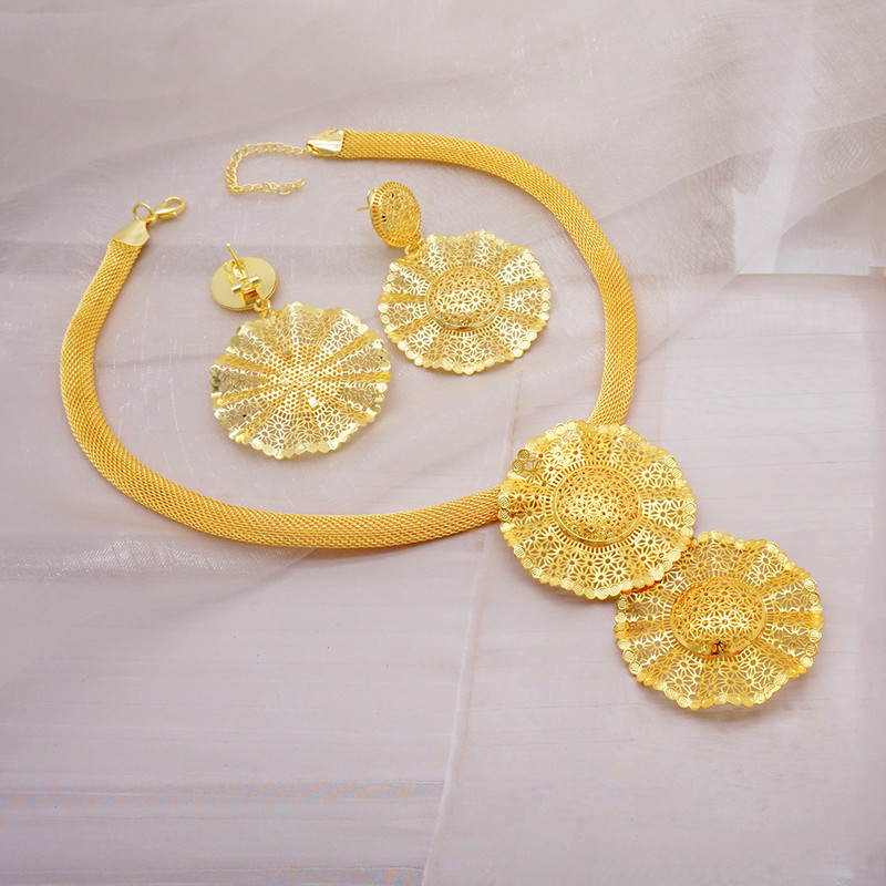 Seturi de bijuterii africane la modă pentru femei, rotund, colier, cercei, auriu, pentru petrecere, pentru mireasă, bijuterii de lux de calitate