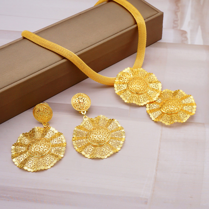 Seturi de bijuterii africane la modă pentru femei, rotund, colier, cercei, auriu, pentru petrecere, pentru mireasă, bijuterii de lux de calitate