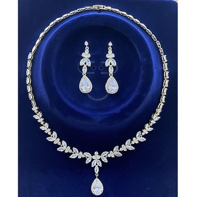 Set de bijuterii, 4 bucăți, pentru femei, mare, placat cu aur alb, zirconiu cubic strălucitor, picătură de mirese din Dubai, cercei, brățară, inel