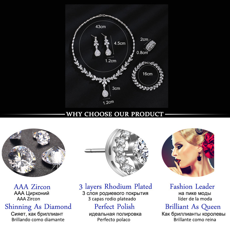 Set de bijuterii, 4 bucăți, pentru femei, mare, placat cu aur alb, zirconiu cubic strălucitor, picătură de mirese din Dubai, cercei, brățară, inel