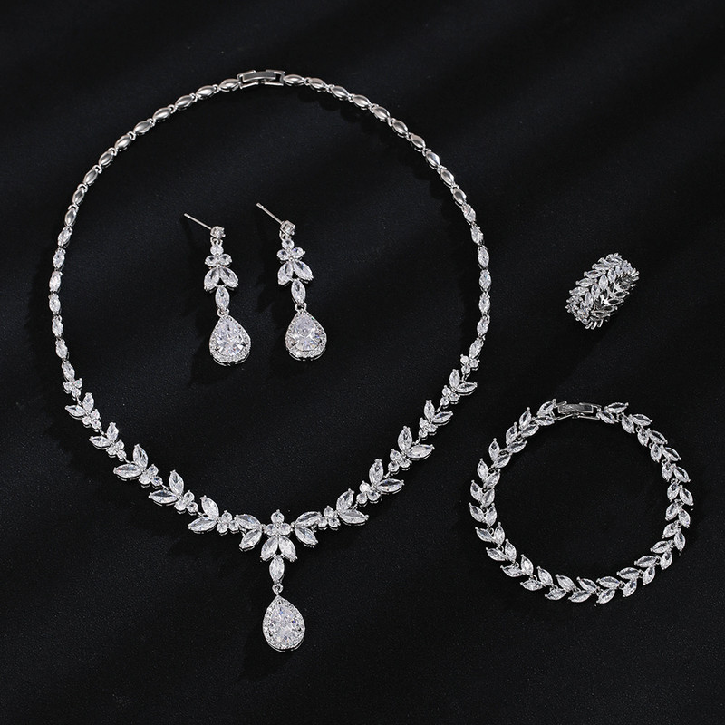 Set de bijuterii, 4 bucăți, pentru femei, mare, placat cu aur alb, zirconiu cubic strălucitor, picătură de mirese din Dubai, cercei, brățară, inel