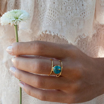 Vintage Φυσικό Μπλε Τυρκουάζ Δαχτυλίδι για Γυναικείες Αντίκες Ασημί Χρώμα Τιτανίου Διπλό Δαχτυλίδι Δαχτυλίδι για Κορίτσι