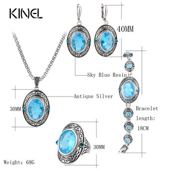 Kinel Hot Women Blue Natural Zircon Vintage Jewelry Set Tibetan Silver Ethnic Pattern Fashion Bride Wedding Jewelry Crystal Gift