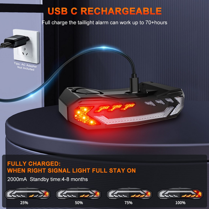Hollarm Alarmă pentru bicicletă Lampă din spate Antifurt USB Reîncărcabilă Impermeabil Inducție inteligentă Semnal pentru biciclete Frână Lampă din spate Alarma pentru biciclete
