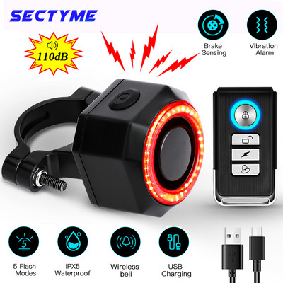 Sectyme Велосипедна аларма за крадец Задни светлини Водоустойчив Smart Auto Brake Sensing Bike Rear Light USB Charge Remote Control Bike Lamp