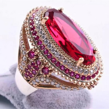Разкошен овален пръстен с инкрустиран червен циркон Луксозни метални двуцветни CZ сватбени пръстени за жени Годежни модни бижута