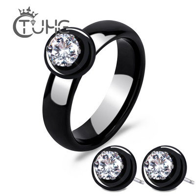 Нов моден комплект бижута от истинска керамика за жени Lady Crystal AAA Cubic Zironia Stud Обеци Пръстени Комплект бижута Колекция