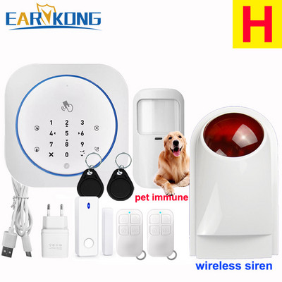 GSM alarm systém, bezpečný RFID APP, dotyková klávesnica, 433MHz senzor otvorenia a zatvorenia dverí, infračervený PIR detektor pohybu, imunita voči zvieratám