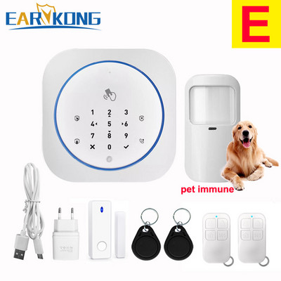 GSM alarm systém, bezpečný RFID APP, dotyková klávesnica, 433MHz senzor otvorenia a zatvorenia dverí, infračervený PIR detektor pohybu, imunita voči zvieratám