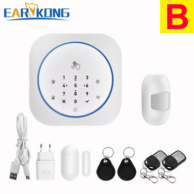 GSM alarm systém, bezpečný RFID APP, dotyková klávesnica, 433MHz senzor otvorenia a zatvorenia dverí, infračervený PIR detektor pohybu, imunita voči zvieratám