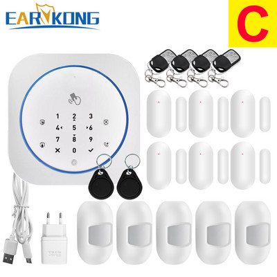 GSM alarm systém, bezpečný RFID APP, dotyková klávesnica, 433MHz senzor otvorenia a zatvorenia dverí, infračervený PIR detektor pohybu, imunita voči zvieratám