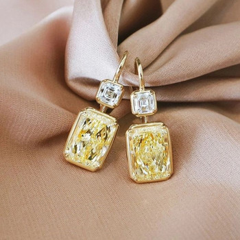 Huitan Прости стилни квадратни обеци с кука с жълт кубичен цирконий Луксозни златни дамски сватбени обеци Модни бижута