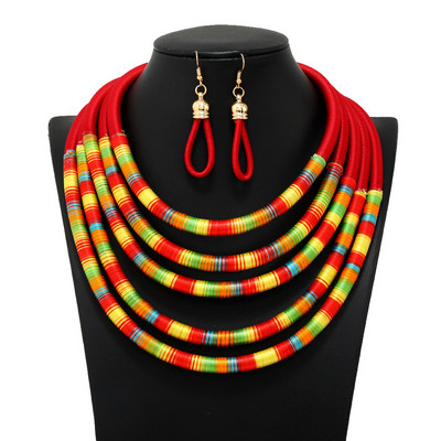 Afrikai stílusú ékszer szettek színes többrétegű szőtt lánc mágneses gomb Bohemian Choker gallér nyaklánc csepp fülbevaló szett