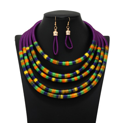 Afrikai stílusú ékszer szettek színes többrétegű szőtt lánc mágneses gomb Bohemian Choker gallér nyaklánc csepp fülbevaló szett