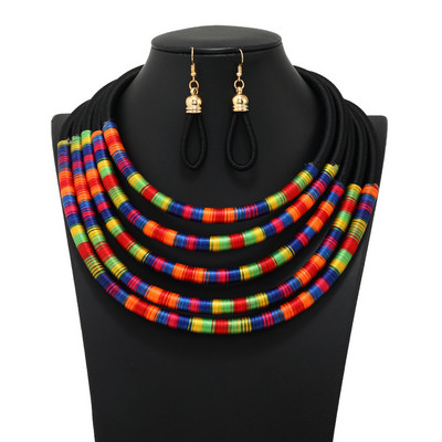 Afrikai stílusú ékszer szettek színes többrétegű szőtt lánc mágneses gomb Bohemian Choker gallér nyaklánc csepp fülbevaló szett