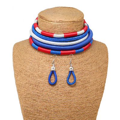 Afrikai stílusú ékszer szettek színes többrétegű szőtt lánc mágneses gomb Bohemian Choker gallér nyaklánc csepp fülbevaló szett