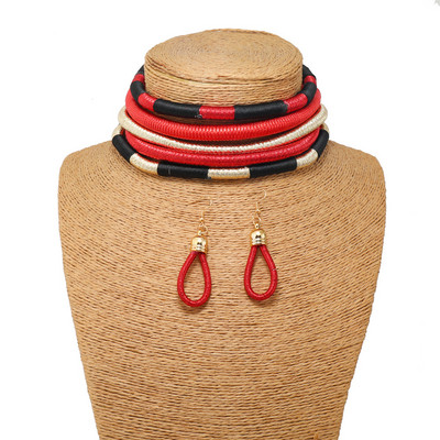 Afrikai stílusú ékszer szettek színes többrétegű szőtt lánc mágneses gomb Bohemian Choker gallér nyaklánc csepp fülbevaló szett