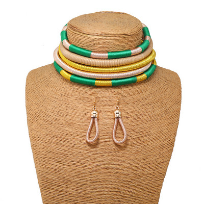 Afrikai stílusú ékszer szettek színes többrétegű szőtt lánc mágneses gomb Bohemian Choker gallér nyaklánc csepp fülbevaló szett