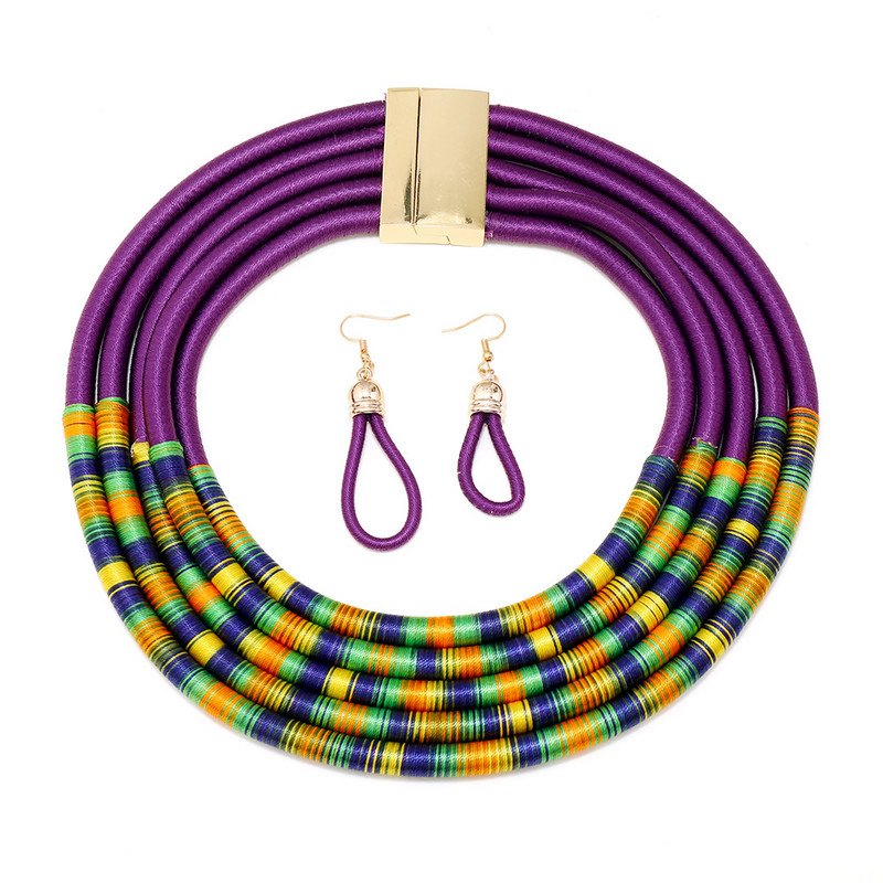 Afrikai stílusú ékszer szettek színes többrétegű szőtt lánc mágneses gomb Bohemian Choker gallér nyaklánc csepp fülbevaló szett