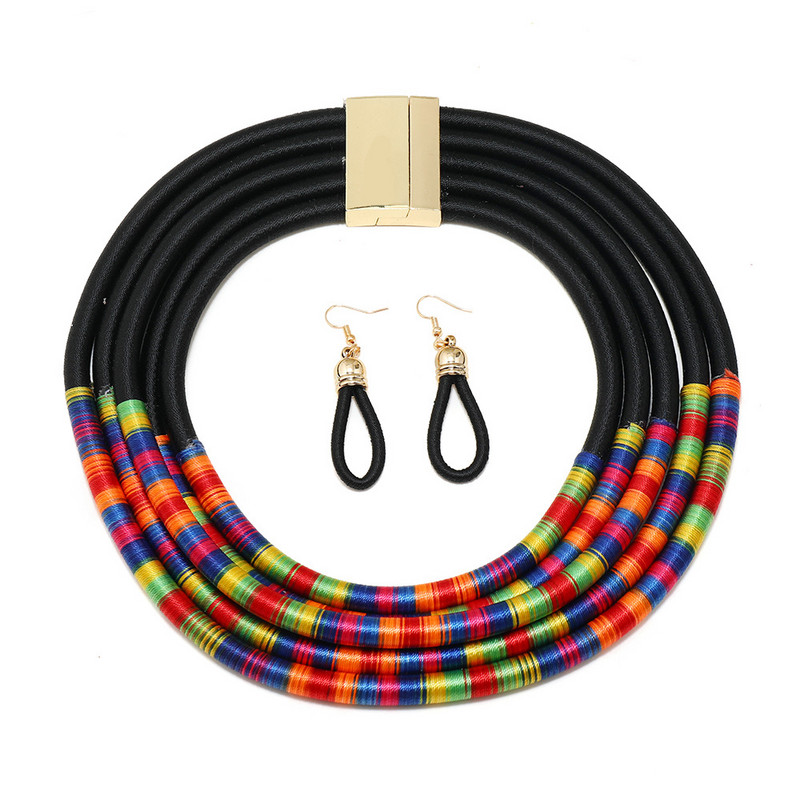 Afrikai stílusú ékszer szettek színes többrétegű szőtt lánc mágneses gomb Bohemian Choker gallér nyaklánc csepp fülbevaló szett