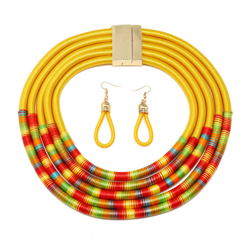 Afrikai stílusú ékszer szettek színes többrétegű szőtt lánc mágneses gomb Bohemian Choker gallér nyaklánc csepp fülbevaló szett