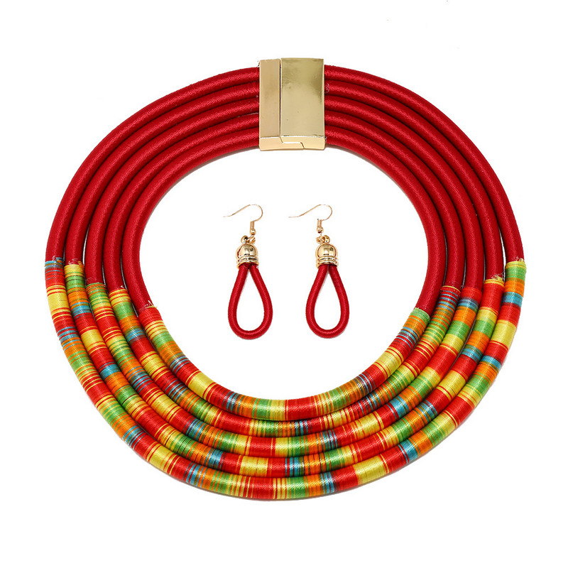 Afrikai stílusú ékszer szettek színes többrétegű szőtt lánc mágneses gomb Bohemian Choker gallér nyaklánc csepp fülbevaló szett