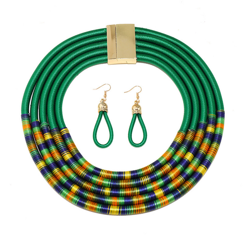 Afrikai stílusú ékszer szettek színes többrétegű szőtt lánc mágneses gomb Bohemian Choker gallér nyaklánc csepp fülbevaló szett