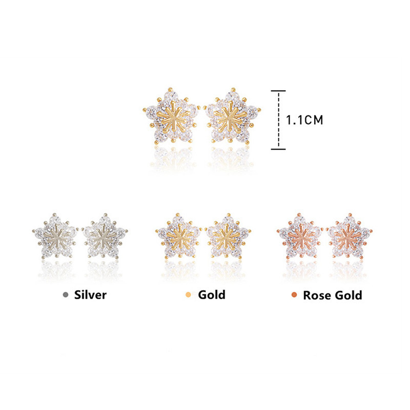 Huitan Зимни обеци снежинки с ослепителен кристален кубичен цирконий 3 метални цвята Нежни обеци за жени Модни бижута
