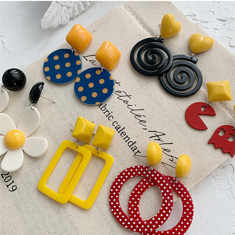 Изящни прекрасни акрилни обеци с цветя за жени Бохемски корейски големи геометрични кръгли квадратни дълги висящи обеци Бижута