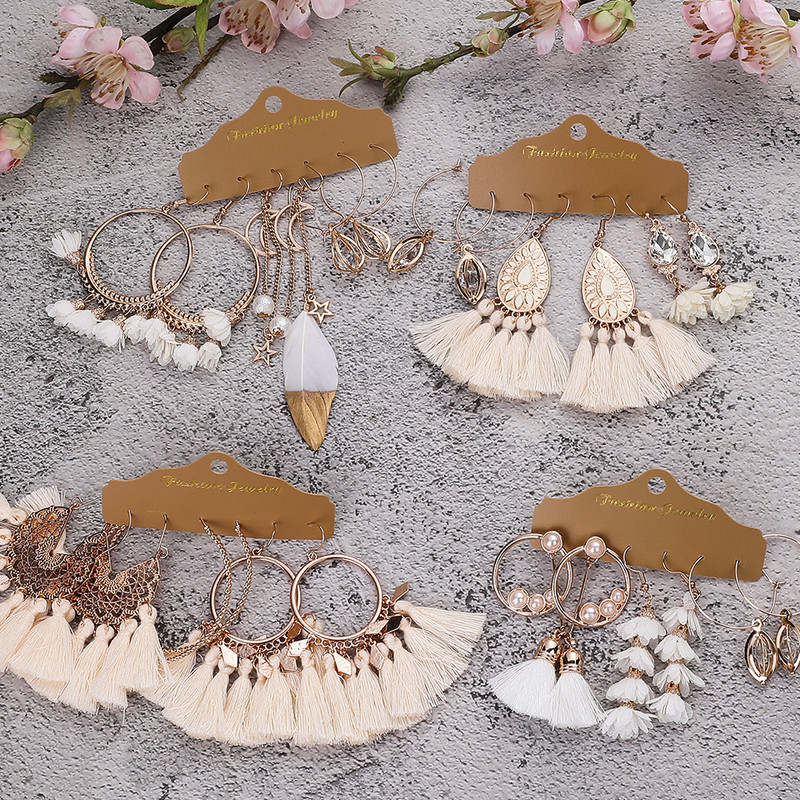 Set de cercei rotunzi mari, alb, bej, cu ciucuri, pentru femei, etnici, vintage, boemi, cercei cu franjuri, accesorii de bijuterii de nunta