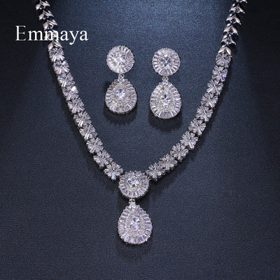 Emmaya Brand Charm Прекрасен кубичен циркон Бяло злато цвят Нови кристални обеци Комплект колиета за жени Булка Бижута Подарък