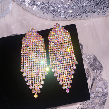 Луксозни обеци с дълги пискюли с кристали Големи обеци Сватбени бижута Аксесоари Модерни висящи обеци с кристали за жени