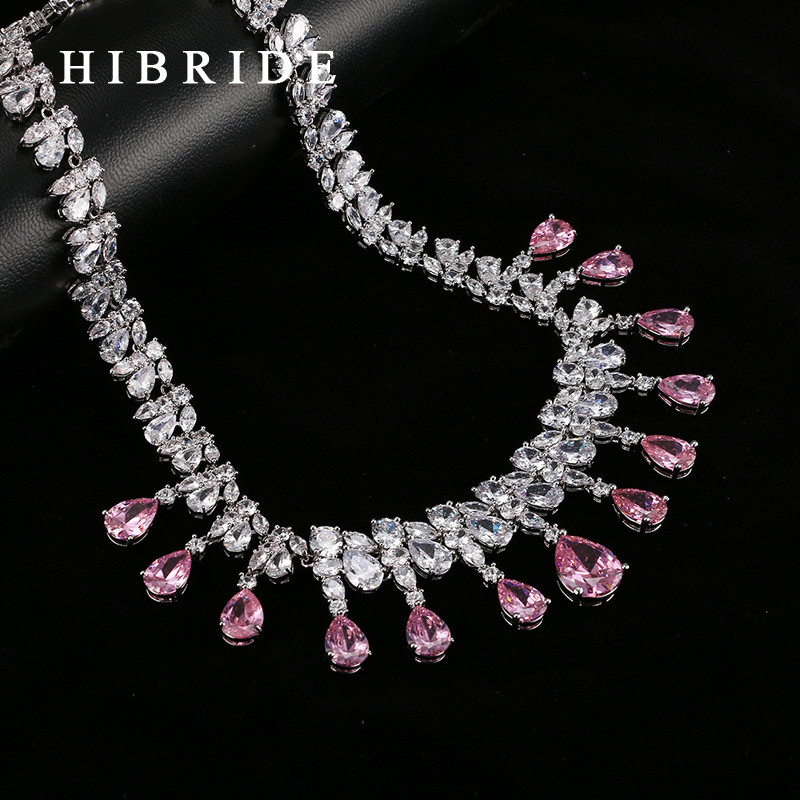 HIBRIDE Seturi de bijuterii de nuntă de mireasă cu zirconiu cubic AAA în formă de lacrimă de calitate superioară, set de bijuterii de culoare aur alb N-59