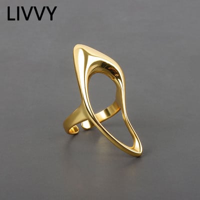 LIVVY Strieborný farebný geometrický dutý prsteň Dámska móda hladký prehnaný vynikajúci elegantný šperkový doplnok darček