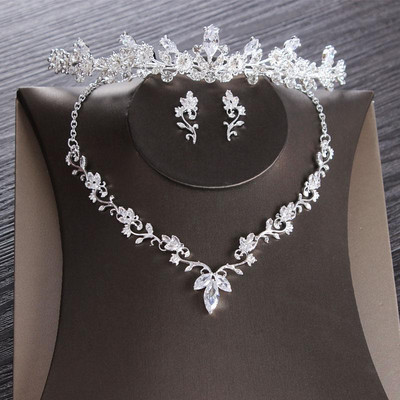 Set de bijuterii de mireasă cu frunze de zircon cubic de lux Set de bijuterii de nuntă Diadem Diadem cu stras Coroana Choker Colier Cercei Bijoux