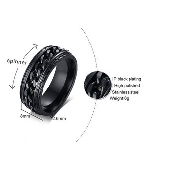 Vnox 8 mm Cool Black Spinner Chain Ring за мъже Текстура на гумата от неръждаема стомана Въртящи се връзки Пънк мъжки Анел