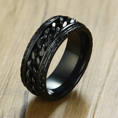 Vnox 8 mm Cool Black Spinner Chain Ring за мъже Текстура на гумата от неръждаема стомана Въртящи се връзки Пънк мъжки Анел