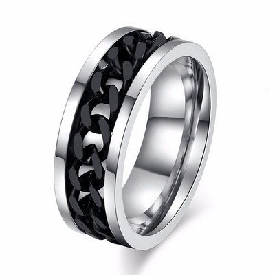 Vnox 8 mm Cool Black Spinner Chain Ring за мъже Текстура на гумата от неръждаема стомана Въртящи се връзки Пънк мъжки Анел