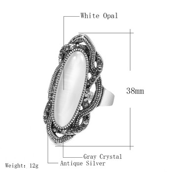 Kinel Най-висококачествен бохемски пръстен с черен камък, сребърна цветна мозайка AAA сив кристал, големи овални пръстени за жени, ретро бижута