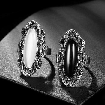 Kinel Κορυφαίας ποιότητας Bohemian Μαύρη Πέτρα Δαχτυλίδι Ασημί Χρώμα Μωσαϊκό AAA Γκρι Κρύσταλλο Μεγάλα Οβάλ Δαχτυλίδια για Γυναικεία Vintage κοσμήματα