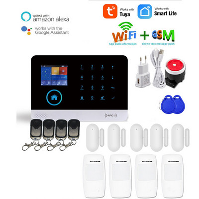 WOFEA Безжична Tuya APP SIM GSM Домашна RFID Защита срещу взлом LCD сензорна клавиатура WIFI GSM алармена система Комплект сензори Руски, испански