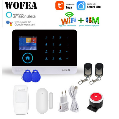 WOFEA vezeték nélküli Tuya APP SIM GSM otthoni RFID betörésbiztonsági LCD érintőbillentyűzet WIFI GSM riasztórendszer érzékelőkészlet orosz, spanyol