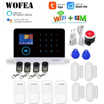 WOFEA vezeték nélküli Tuya APP SIM GSM otthoni RFID betörésbiztonsági LCD érintőbillentyűzet WIFI GSM riasztórendszer érzékelőkészlet orosz, spanyol