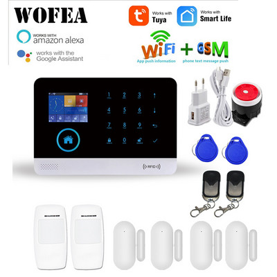 WOFEA vezeték nélküli Tuya APP SIM GSM otthoni RFID betörésbiztonsági LCD érintőbillentyűzet WIFI GSM riasztórendszer érzékelőkészlet orosz, spanyol